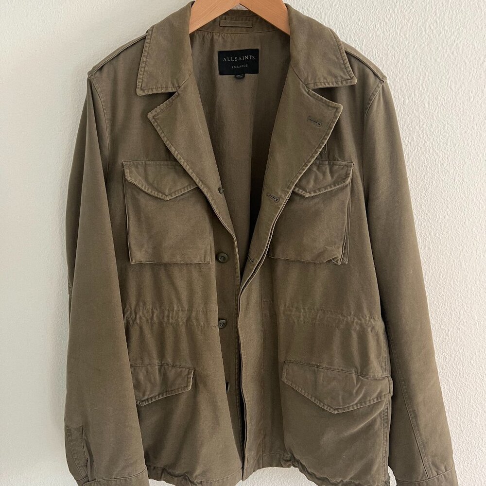 Men's All Saints Berra Military Jacket in Khaki Green Size XXL